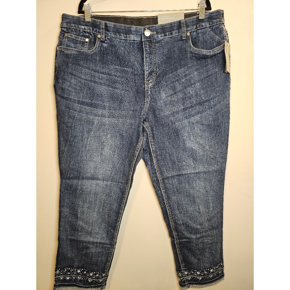 CJ Banks Signature Slimming Solution Embroidered Crop Jeans Dark Wash Size 20W